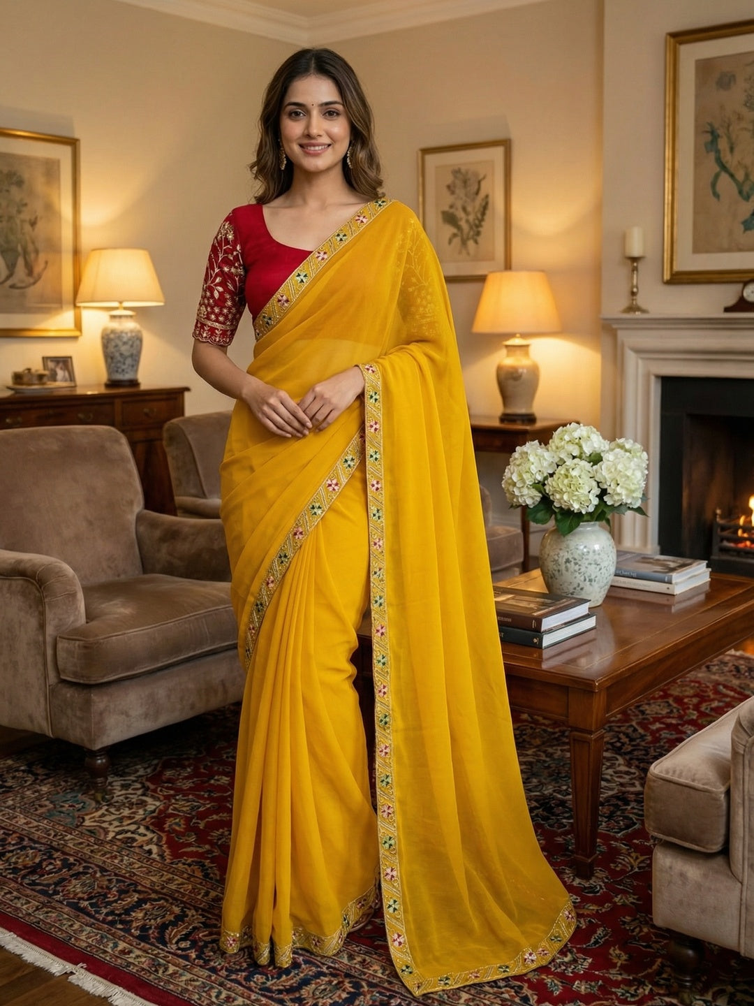 Timeless Yellow Solid Georgette Saree Finished With Graceful Floral Hand Embroidered Lace Border - Image 1