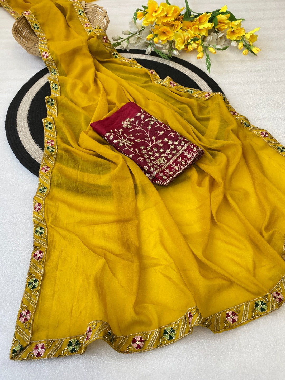 Timeless Yellow Solid Georgette Saree Finished With Graceful Floral Hand Embroidered Lace Border - Image 3