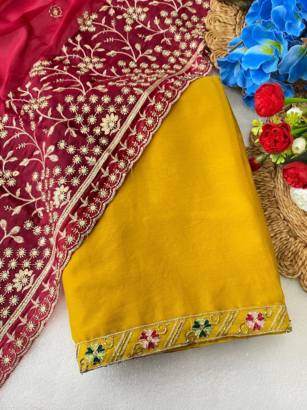 Timeless Yellow Solid Georgette Saree Finished With Graceful Floral Hand Embroidered Lace Border - Image 4