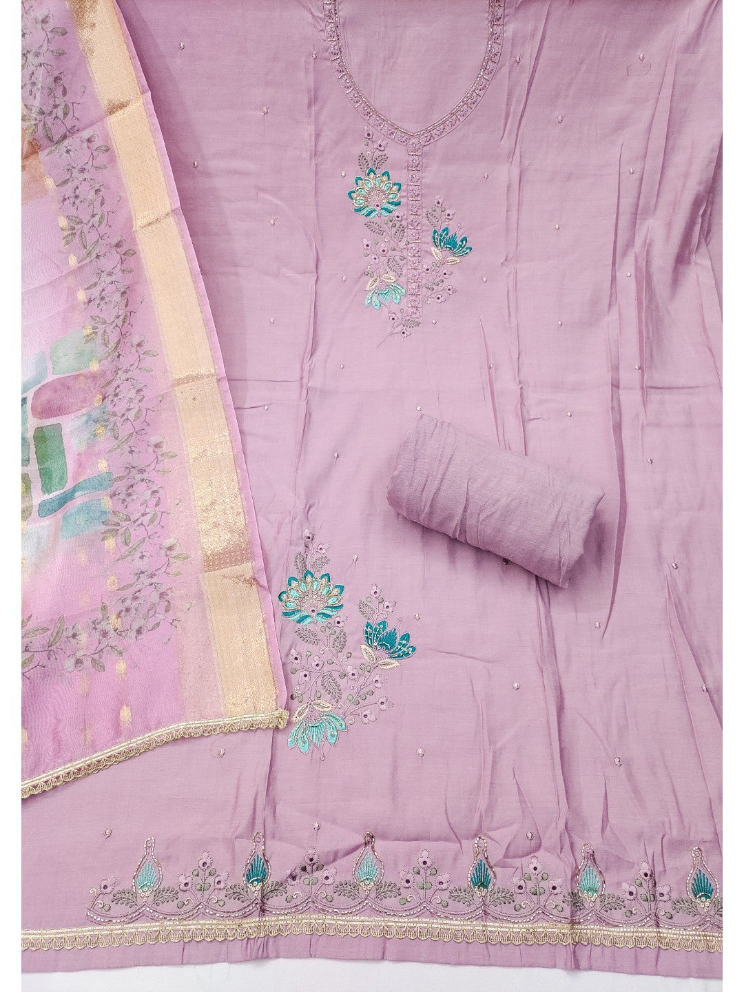 Classic Light Purple Floral Embroidered Cotton Silk Dress Material Featuring Elegant Handwork - Image 4