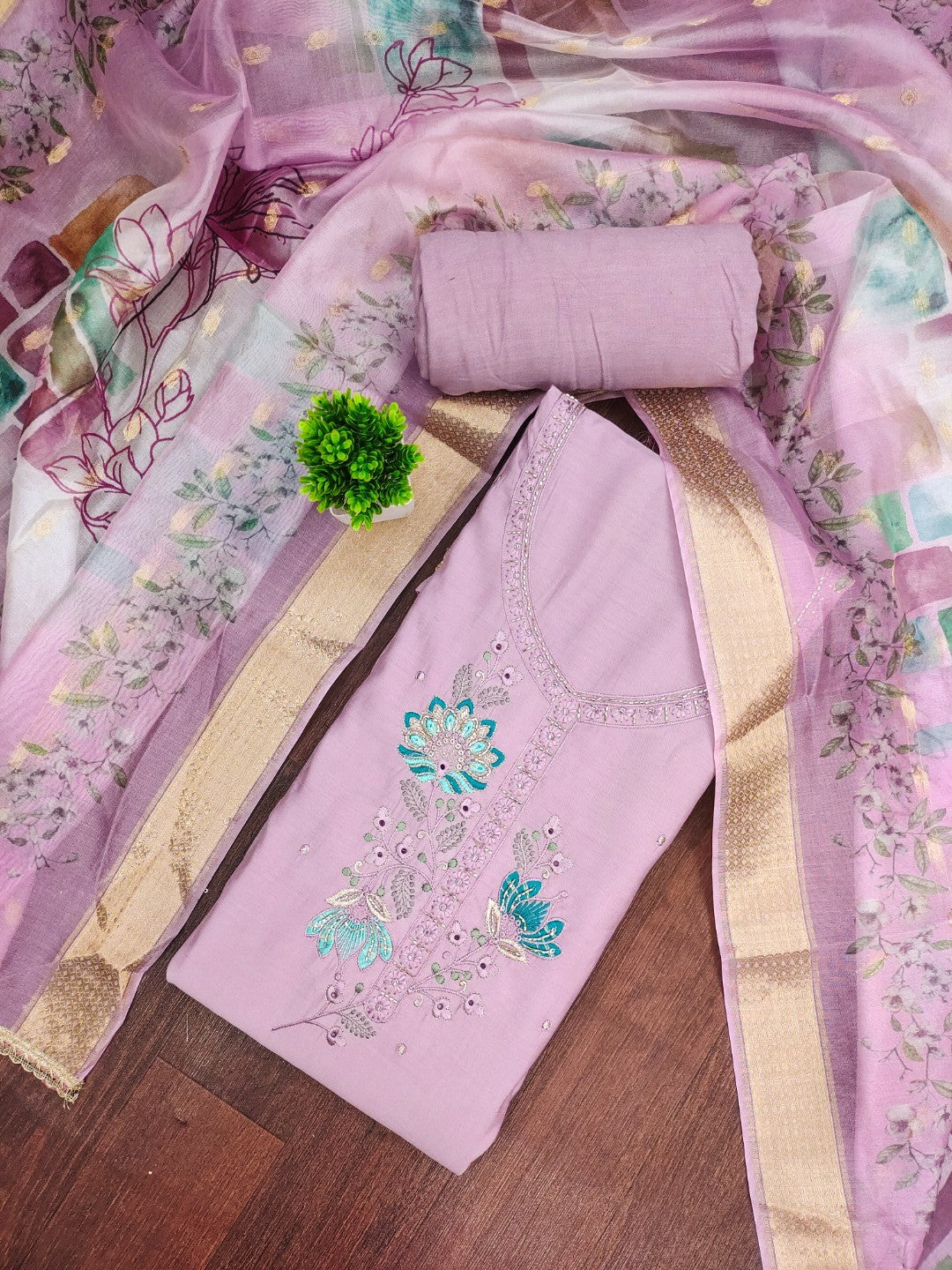 Classic Light Purple Floral Embroidered Cotton Silk Dress Material Featuring Elegant Handwork - Image 3