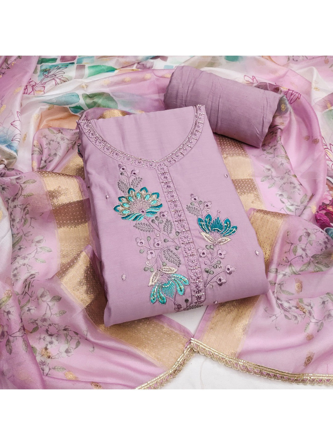Classic Light Purple Floral Embroidered Cotton Silk Dress Material Featuring Elegant Handwork - Image 1