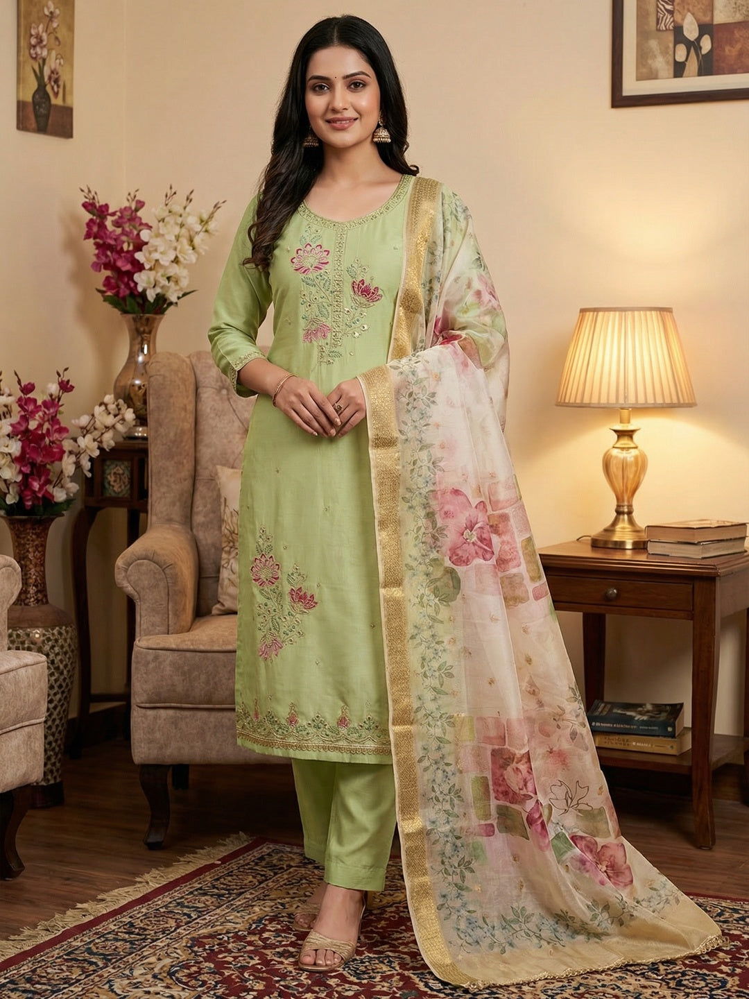 Classic Green Floral Embroidered Cotton Silk Dress Material Featuring Elegant Handwork - Image 2