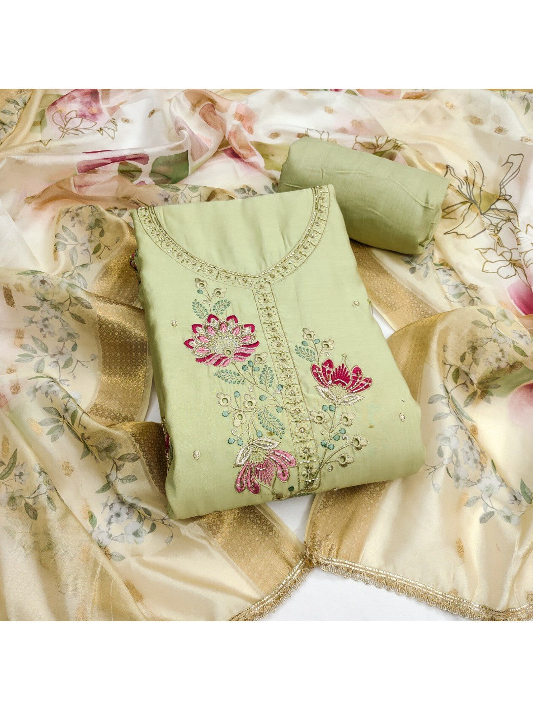 Classic Green Floral Embroidered Cotton Silk Dress Material Featuring Elegant Handwork - Image 1