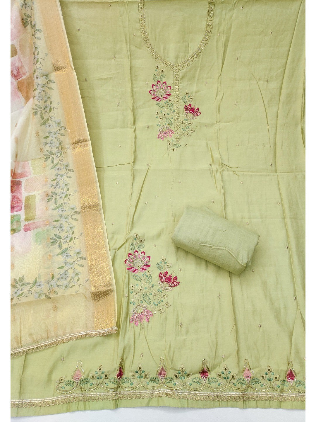 Classic Green Floral Embroidered Cotton Silk Dress Material Featuring Elegant Handwork - Image 4