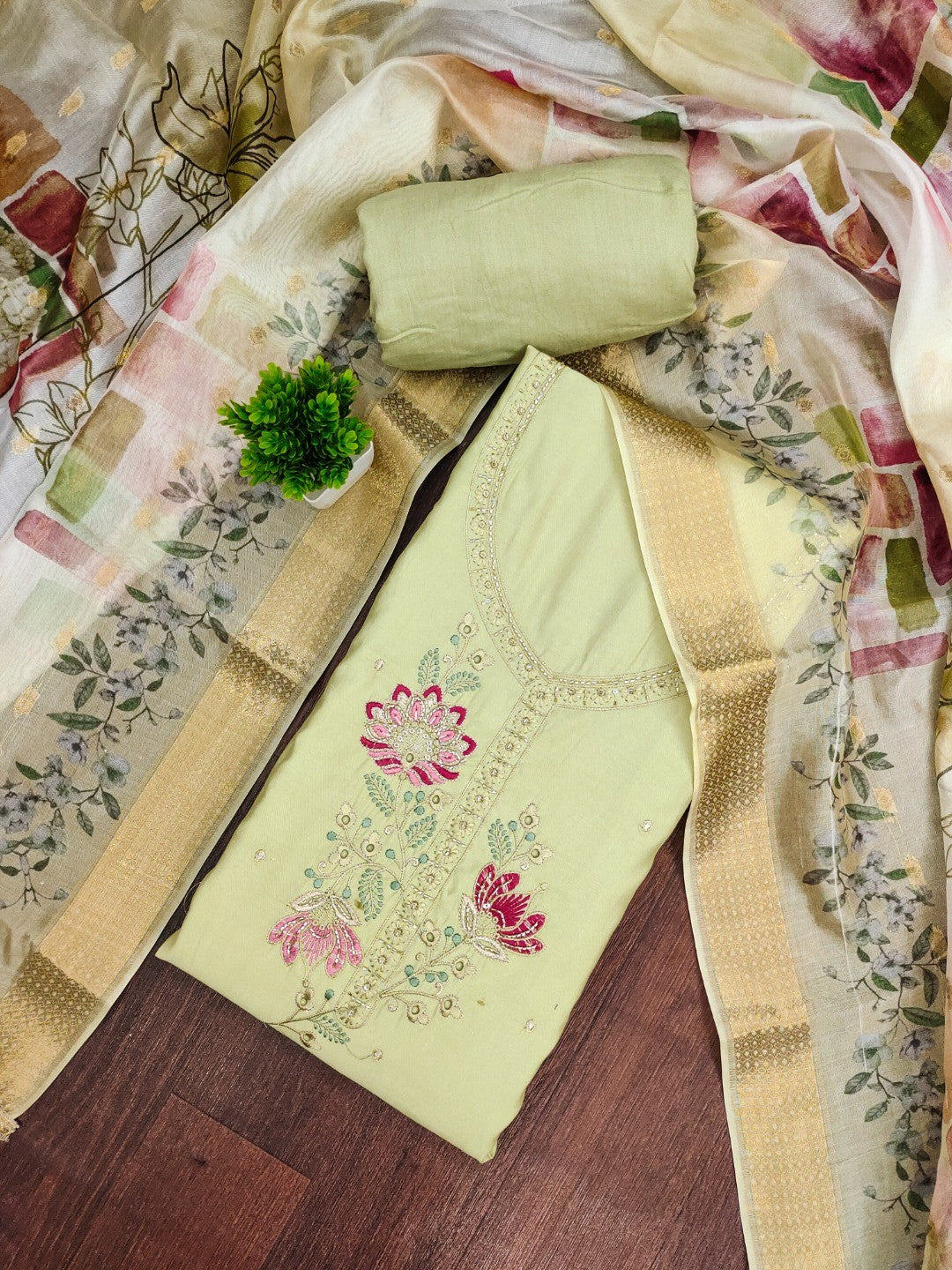 Classic Green Floral Embroidered Cotton Silk Dress Material Featuring Elegant Handwork - Image 3