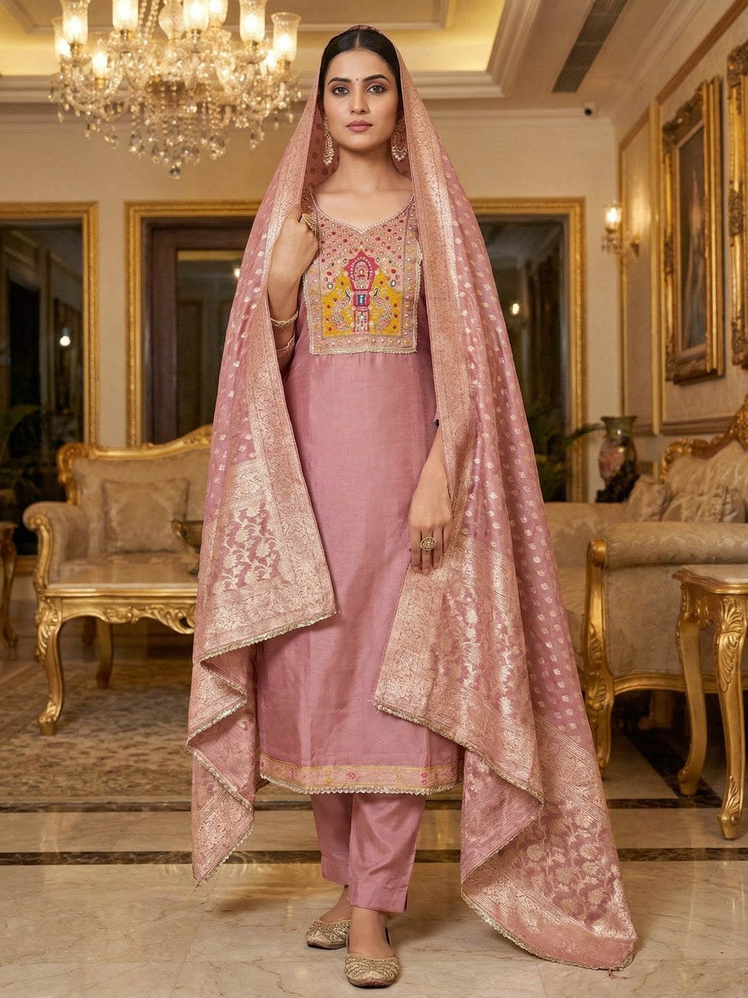Graceful Dusty Rose Pink Peacock Motif Cotton Silk Dress Material With Beads & Moti Handwork - Image 1
