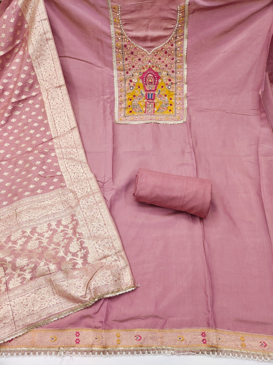Graceful Dusty Rose Pink Peacock Motif Cotton Silk Dress Material With Beads & Moti Handwork - Image 3
