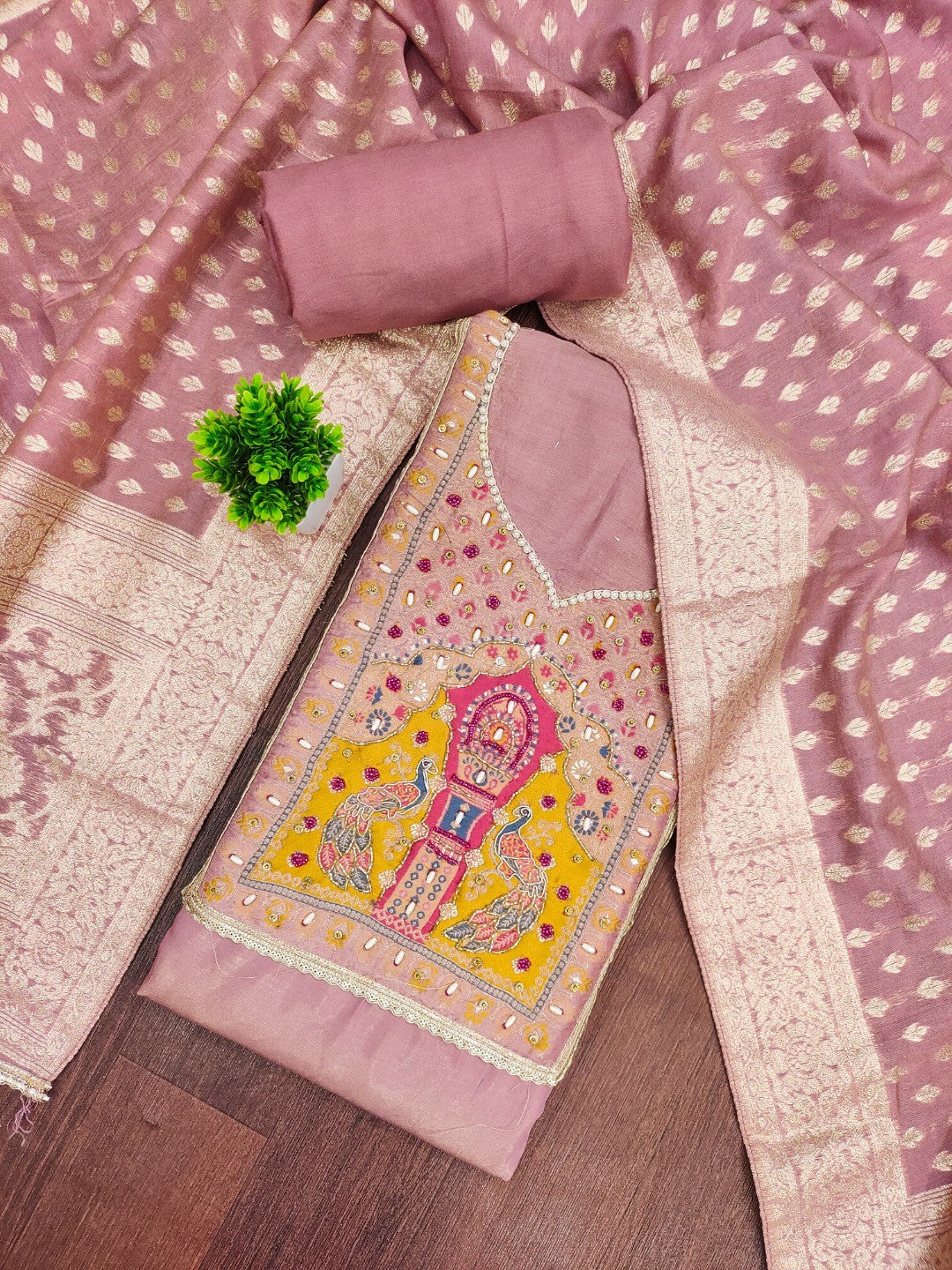 Graceful Dusty Rose Pink Peacock Motif Cotton Silk Dress Material With Beads & Moti Handwork - Image 3