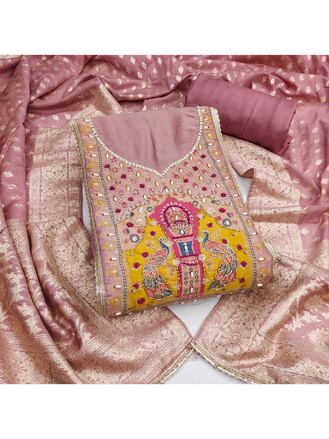 Graceful Dusty Rose Pink Peacock Motif Cotton Silk Dress Material With Beads & Moti Handwork - Image 1