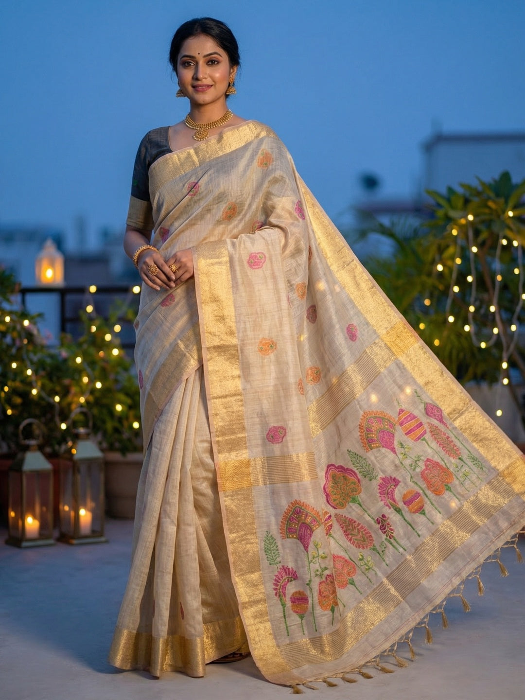 Elegant Beige Chanderi Silk Jamdani Woven Saree with Golden Border - Image 1