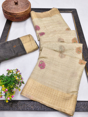 Elegant Beige Chanderi Silk Jamdani Woven Saree with Golden Border - Image 2
