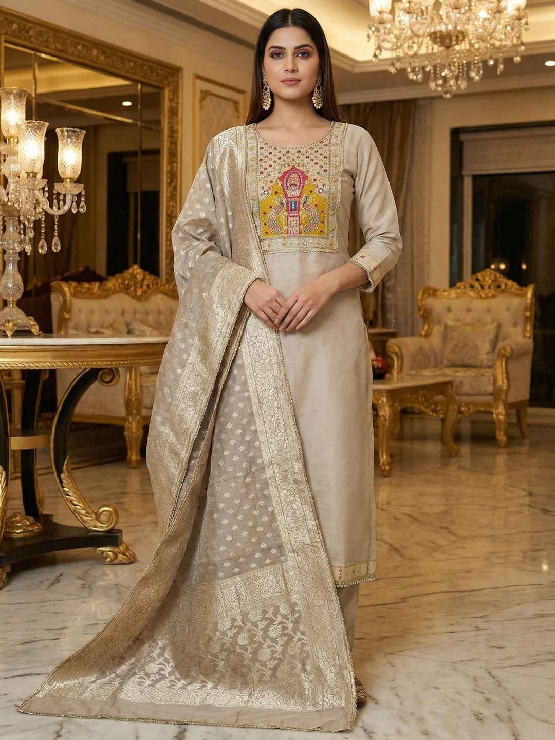Graceful Chikoo Peacock Motif Cotton Silk Dress Material With Beads & Moti Handwork - Image 1