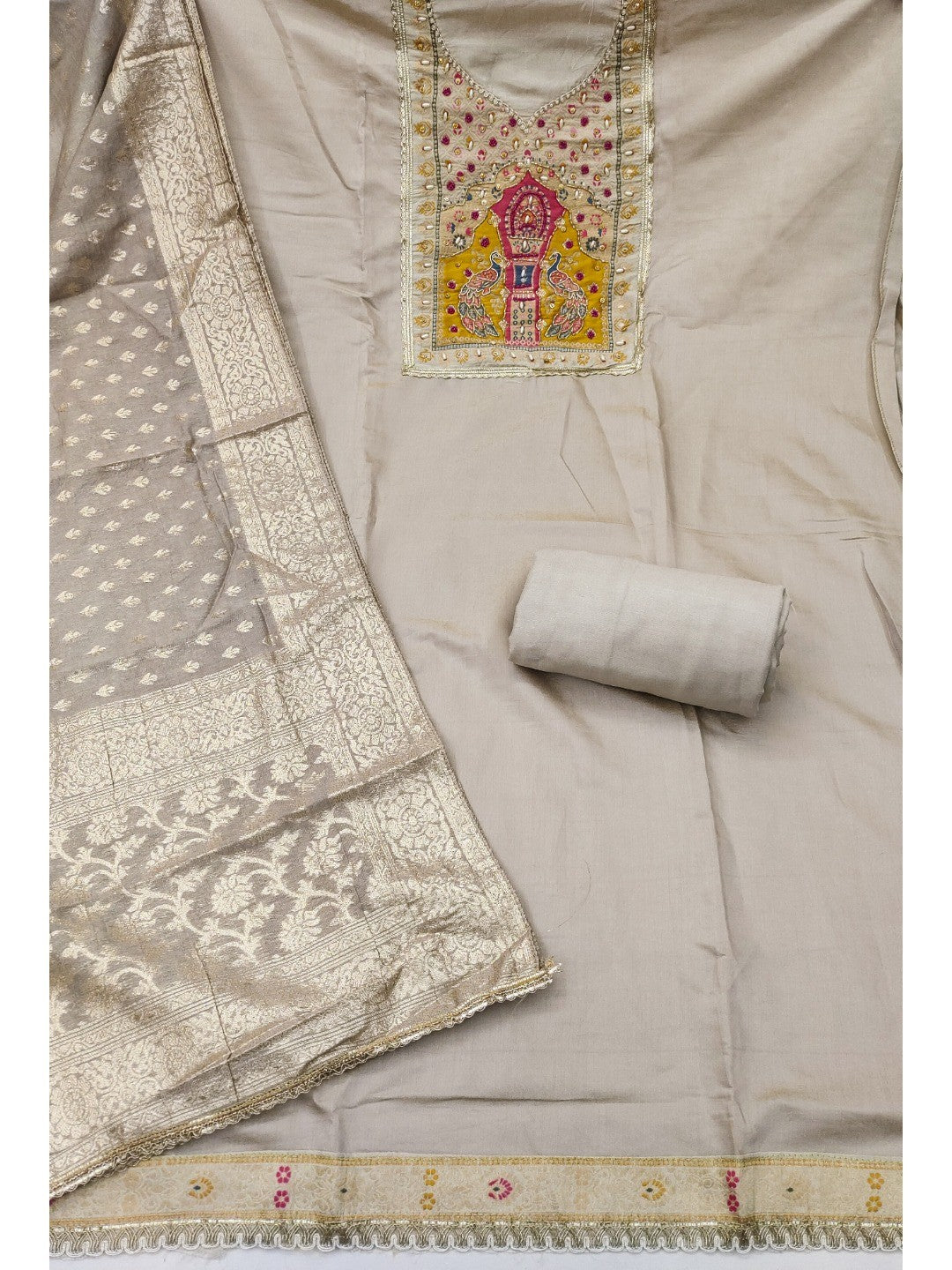 Graceful Chikoo Peacock Motif Cotton Silk Dress Material With Beads & Moti Handwork - Image 2