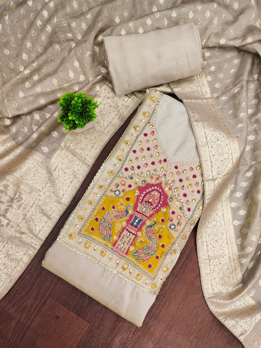 Graceful Chikoo Peacock Motif Cotton Silk Dress Material With Beads & Moti Handwork - Image 3