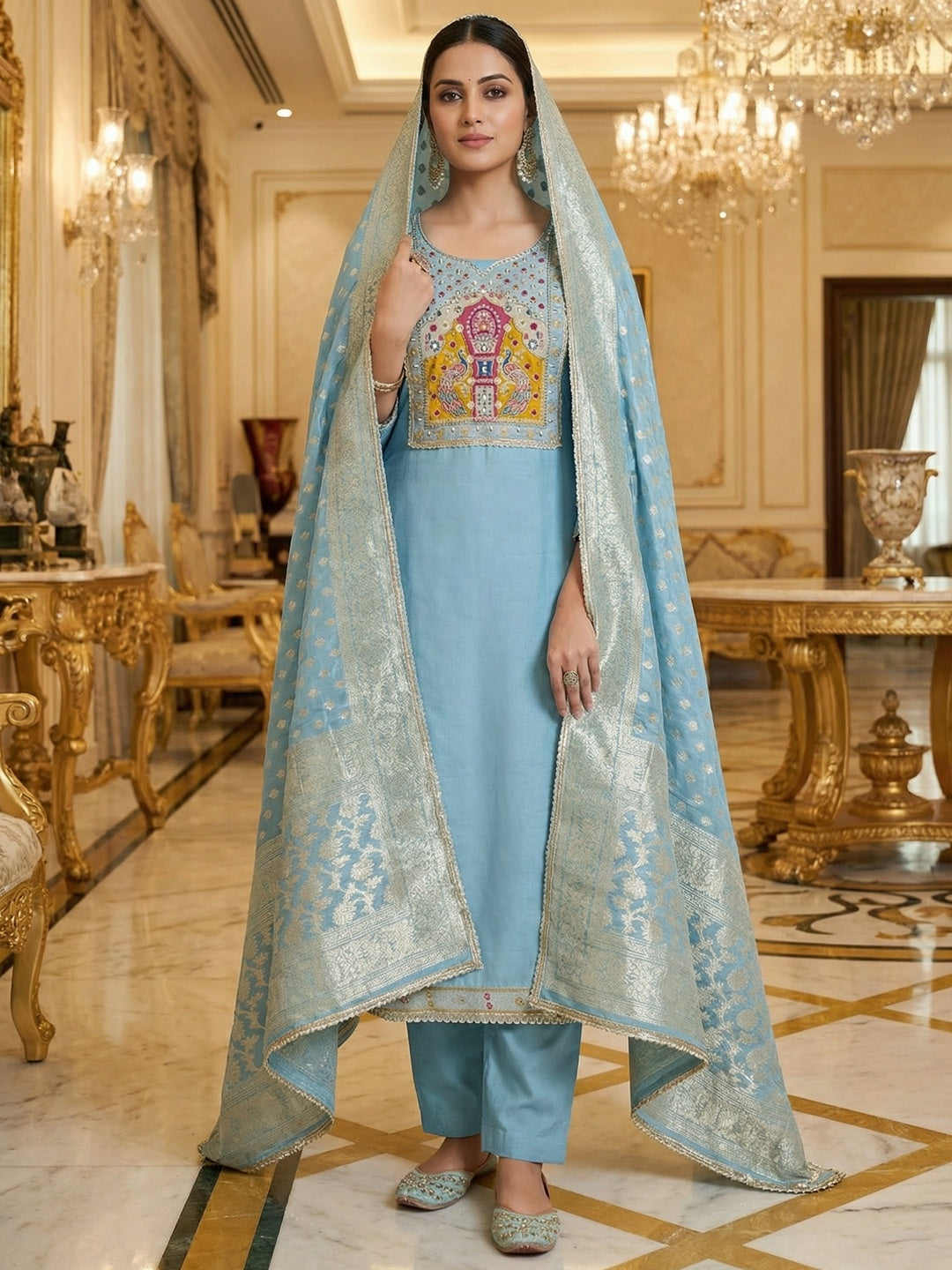 Graceful Blue Peacock Motif Cotton Silk Dress Material With Beads & Moti Handwork - Image 2