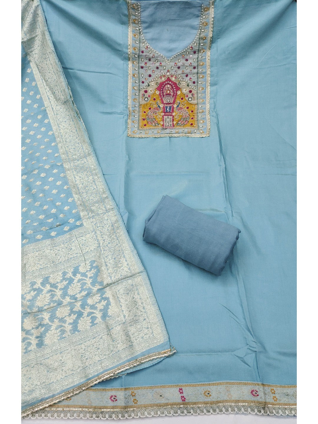 Graceful Blue Peacock Motif Cotton Silk Dress Material With Beads & Moti Handwork - Image 3