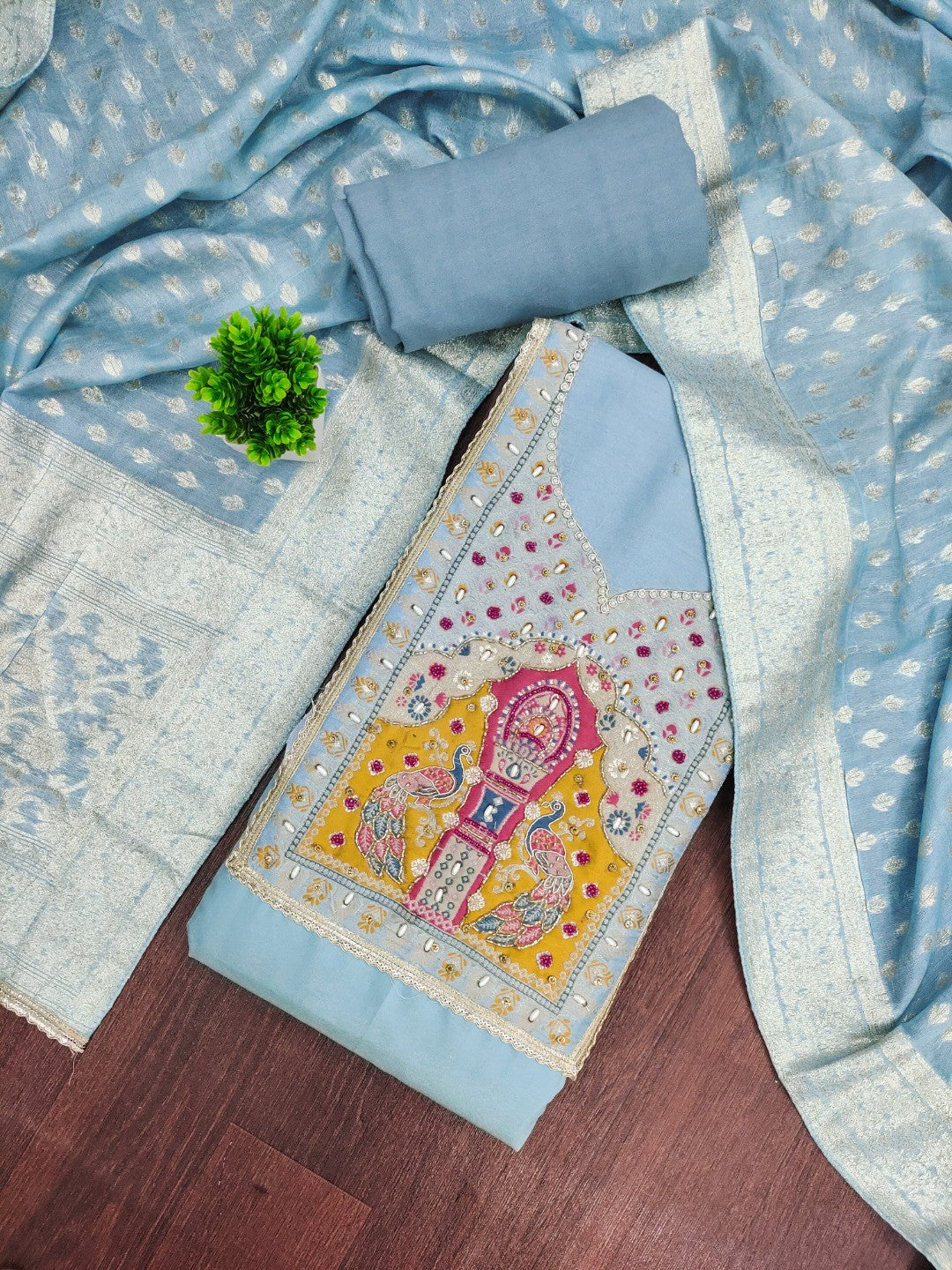 Graceful Blue Peacock Motif Cotton Silk Dress Material With Beads & Moti Handwork - Image 4