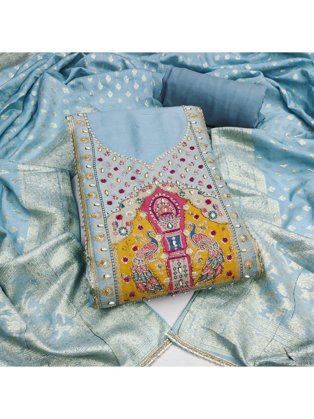 Graceful Blue Peacock Motif Cotton Silk Dress Material With Beads & Moti Handwork - Image 1