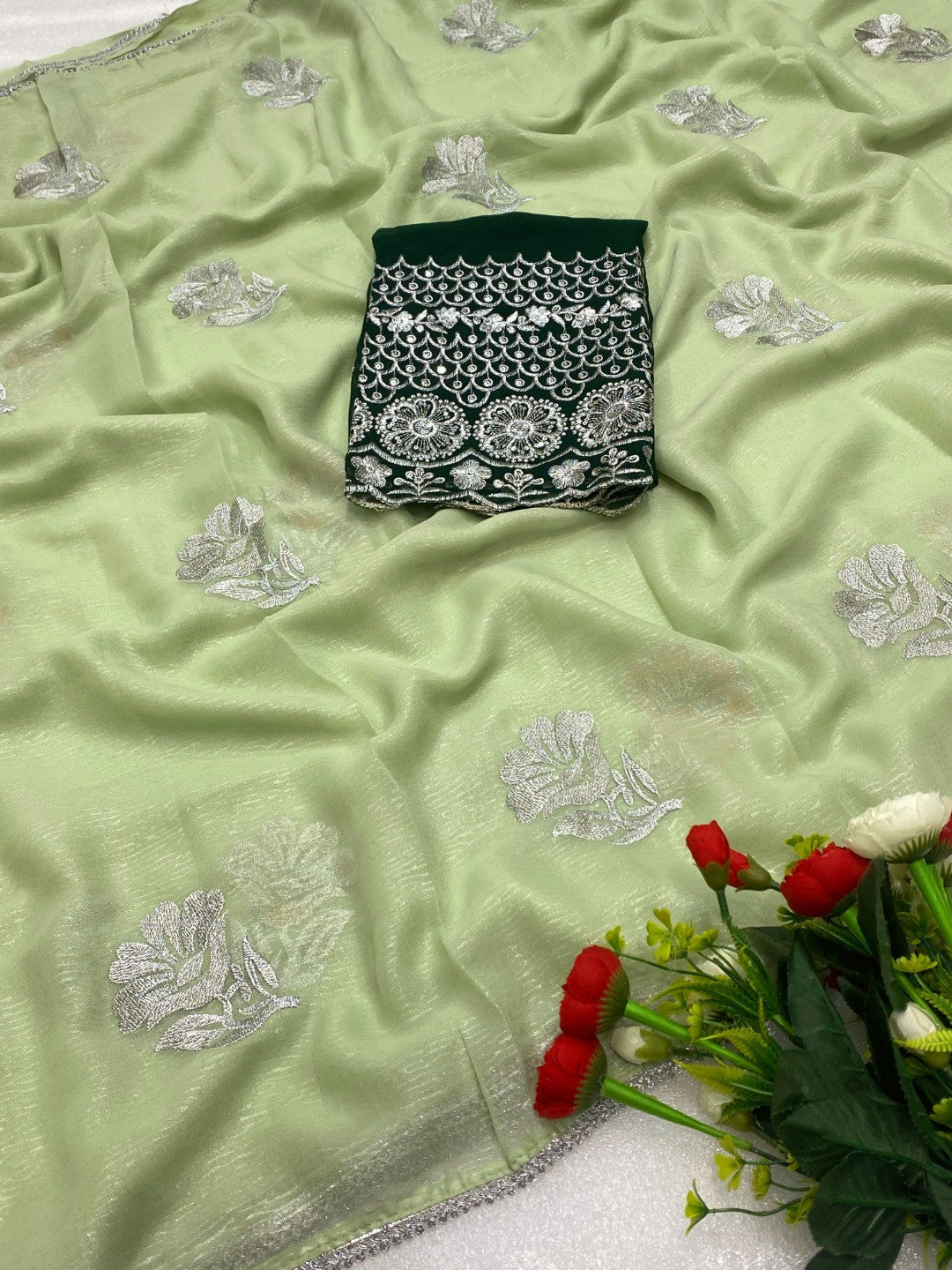 Charming Pista Green Chiffon Saree With Graceful Floral Embroidery & Fine Finish - Image 3