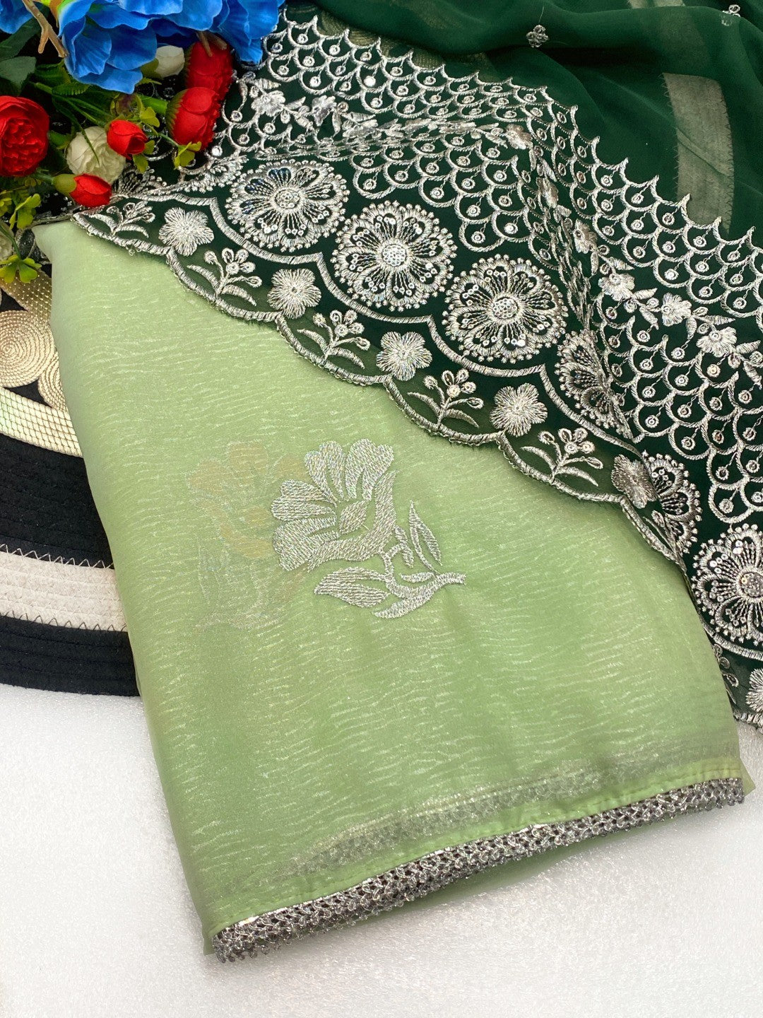 Charming Pista Green Chiffon Saree With Graceful Floral Embroidery & Fine Finish - Image 3