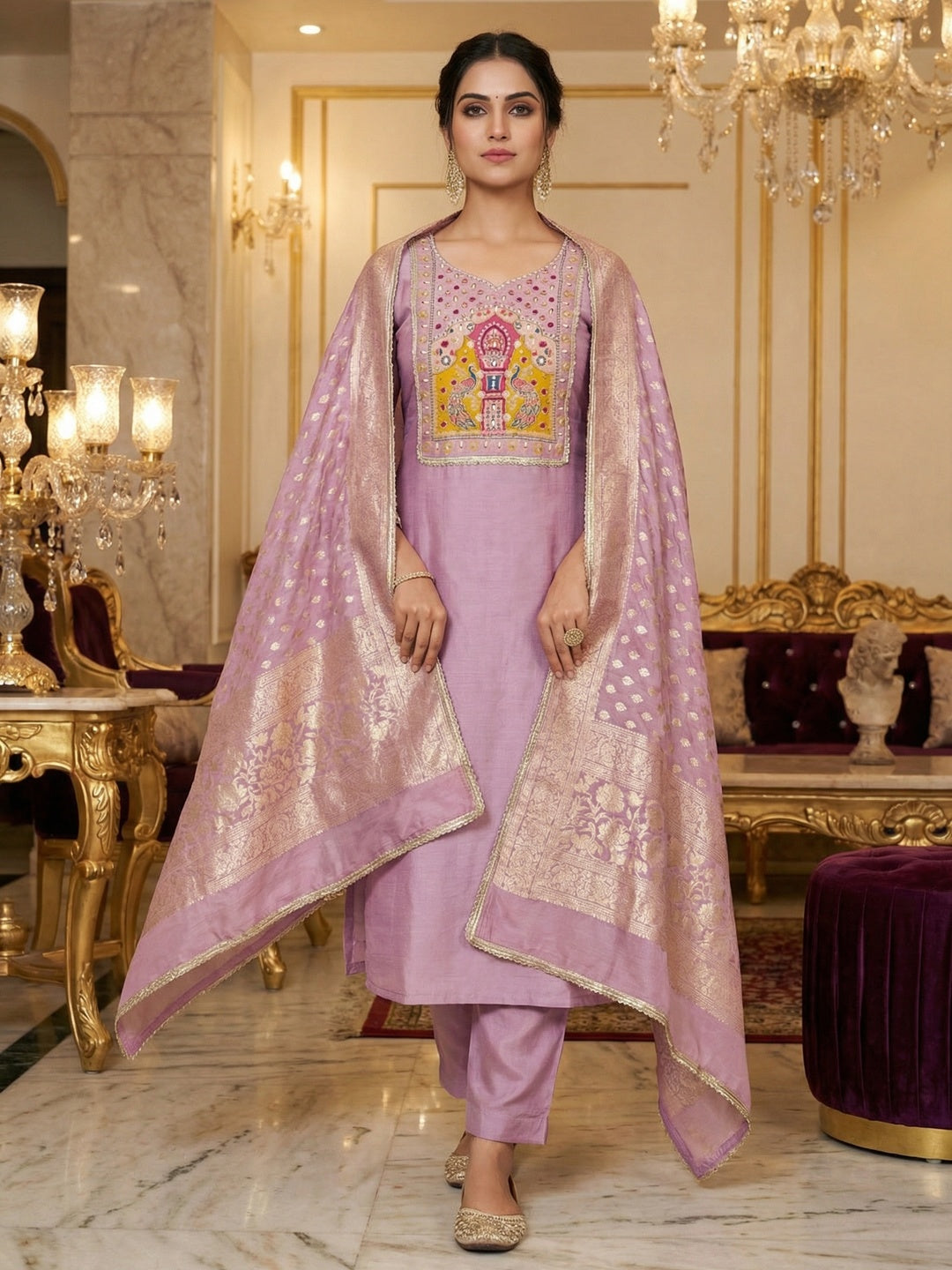Graceful Light Purple Peacock Motif Cotton Silk Dress Material With Beads & Moti Handwork - Image 2