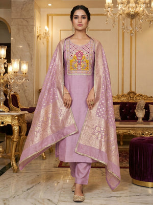 Graceful Light Purple Peacock Motif Cotton Silk Dress Material With Beads & Moti Handwork - Image 2