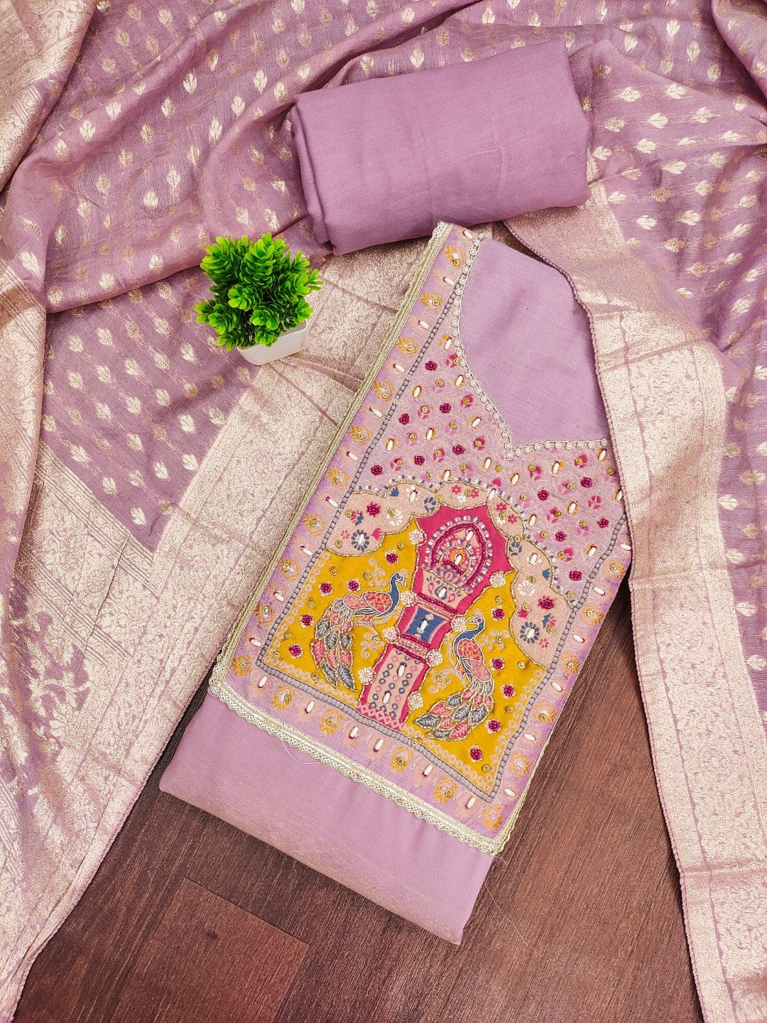 Graceful Light Purple Peacock Motif Cotton Silk Dress Material With Beads & Moti Handwork - Image 3