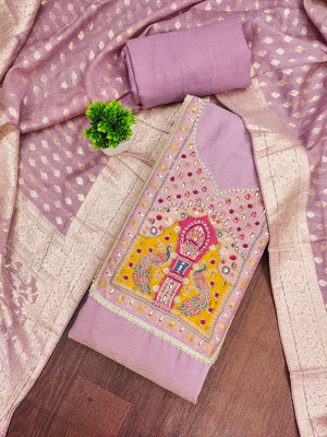 Graceful Light Purple Peacock Motif Cotton Silk Dress Material With Beads & Moti Handwork - Image 2