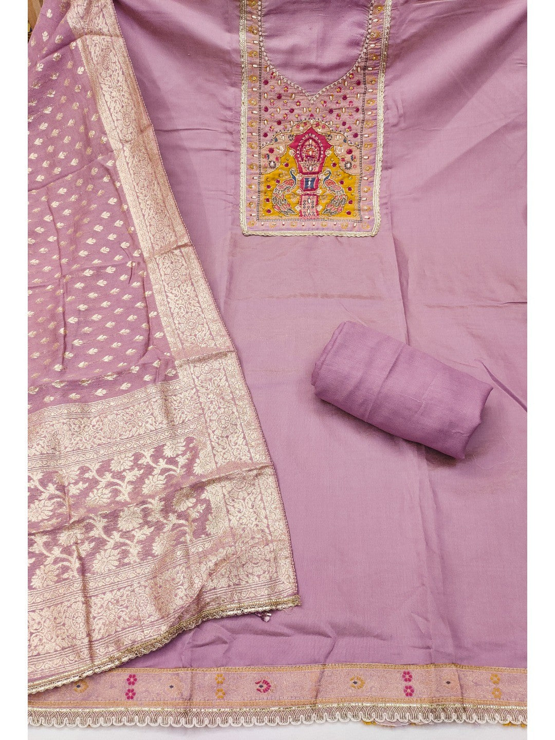 Graceful Light Purple Peacock Motif Cotton Silk Dress Material With Beads & Moti Handwork - Image 4