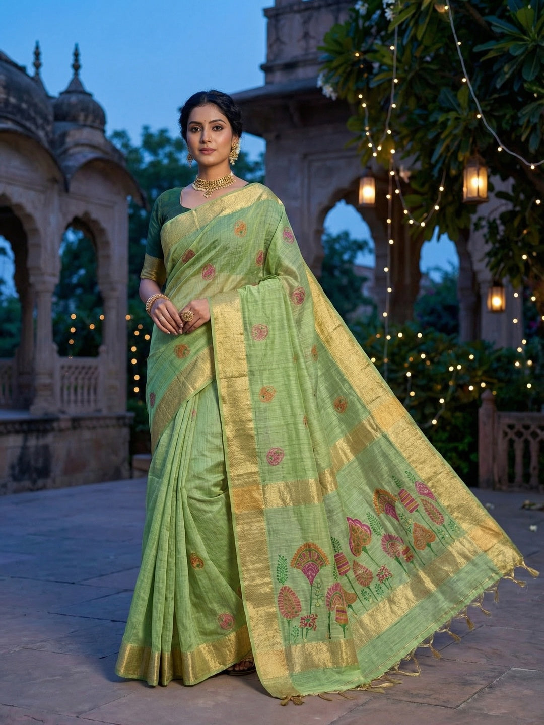Elegant Green Chanderi Silk Jamdani Woven Saree with Golden Border - Image 1