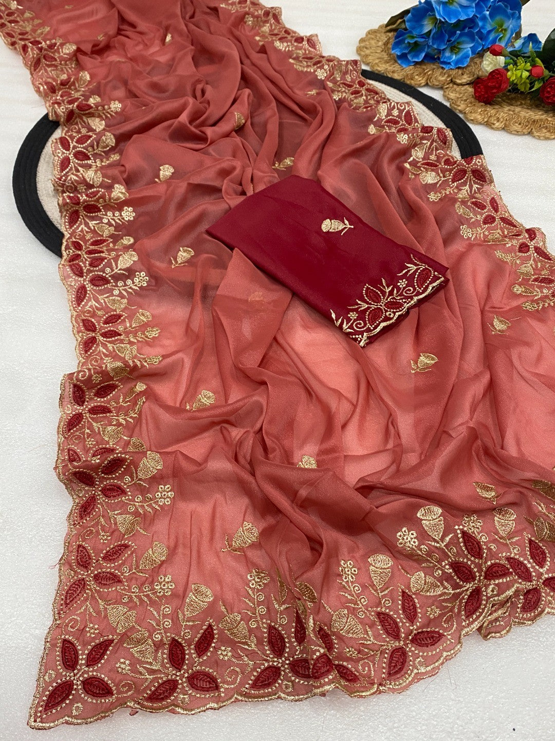 Vibrant Peach Georgette Saree Adorned With Elegant Floral Embroidery Work - Image 3
