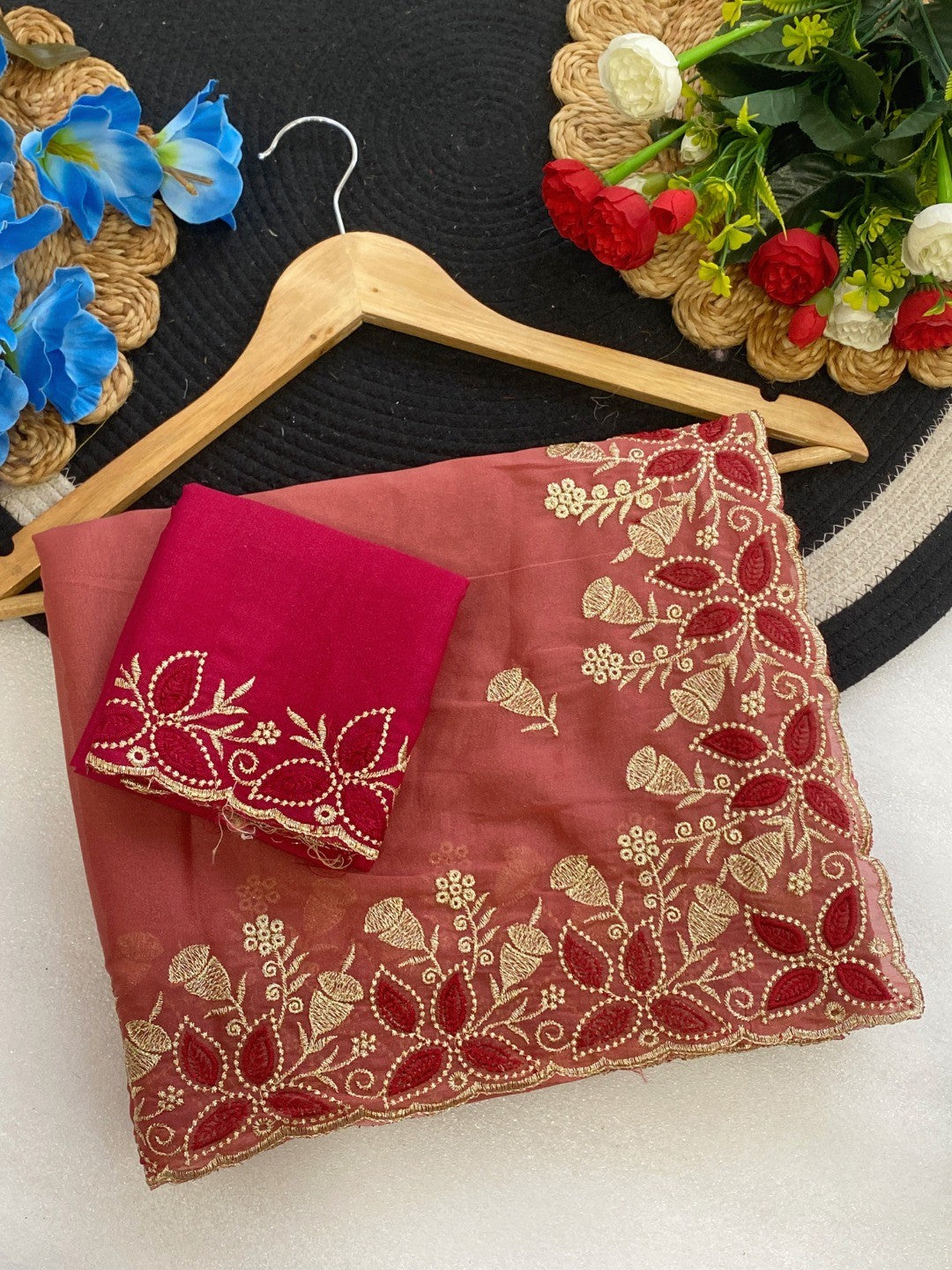 Vibrant Peach Georgette Saree Adorned With Elegant Floral Embroidery Work - Image 2