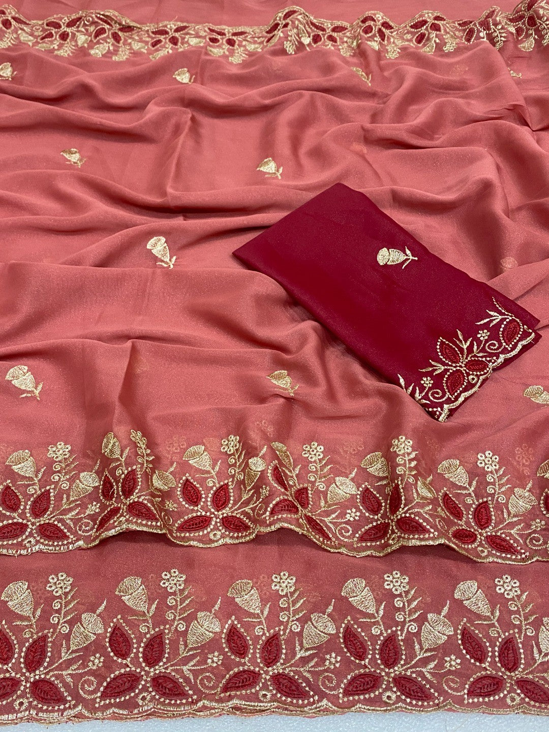 Vibrant Peach Georgette Saree Adorned With Elegant Floral Embroidery Work - Image 4