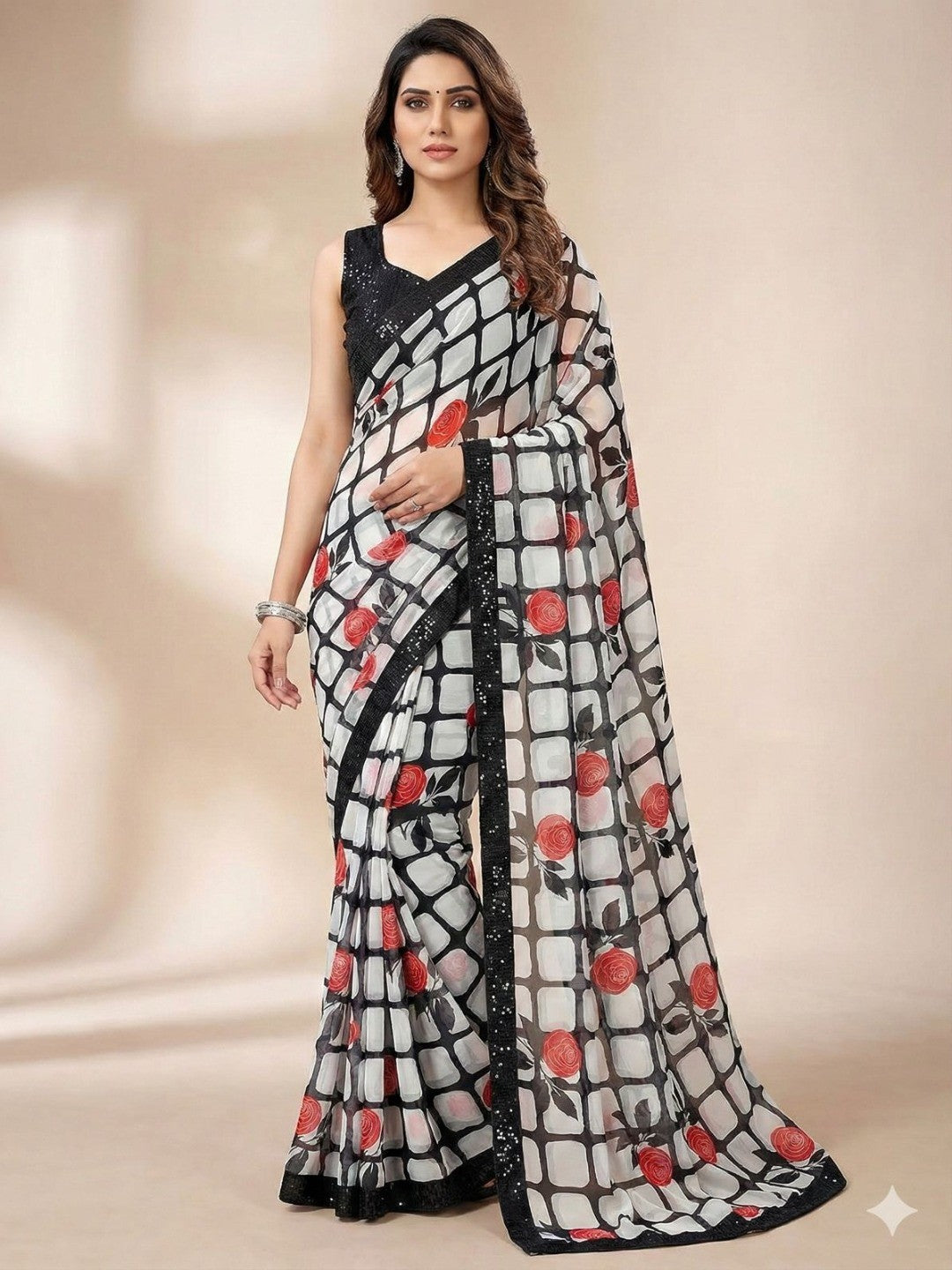 Black Georgette Saree Highlighted with Striped Design and a Delicate Sequin Border - Image 1