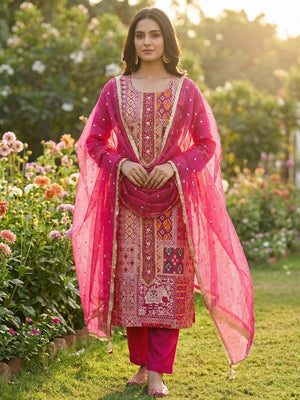 Luxurious Pink Weaving Viscose Banarasi Dress Material Highlighted With Beads & Moti Handwork - Image 1