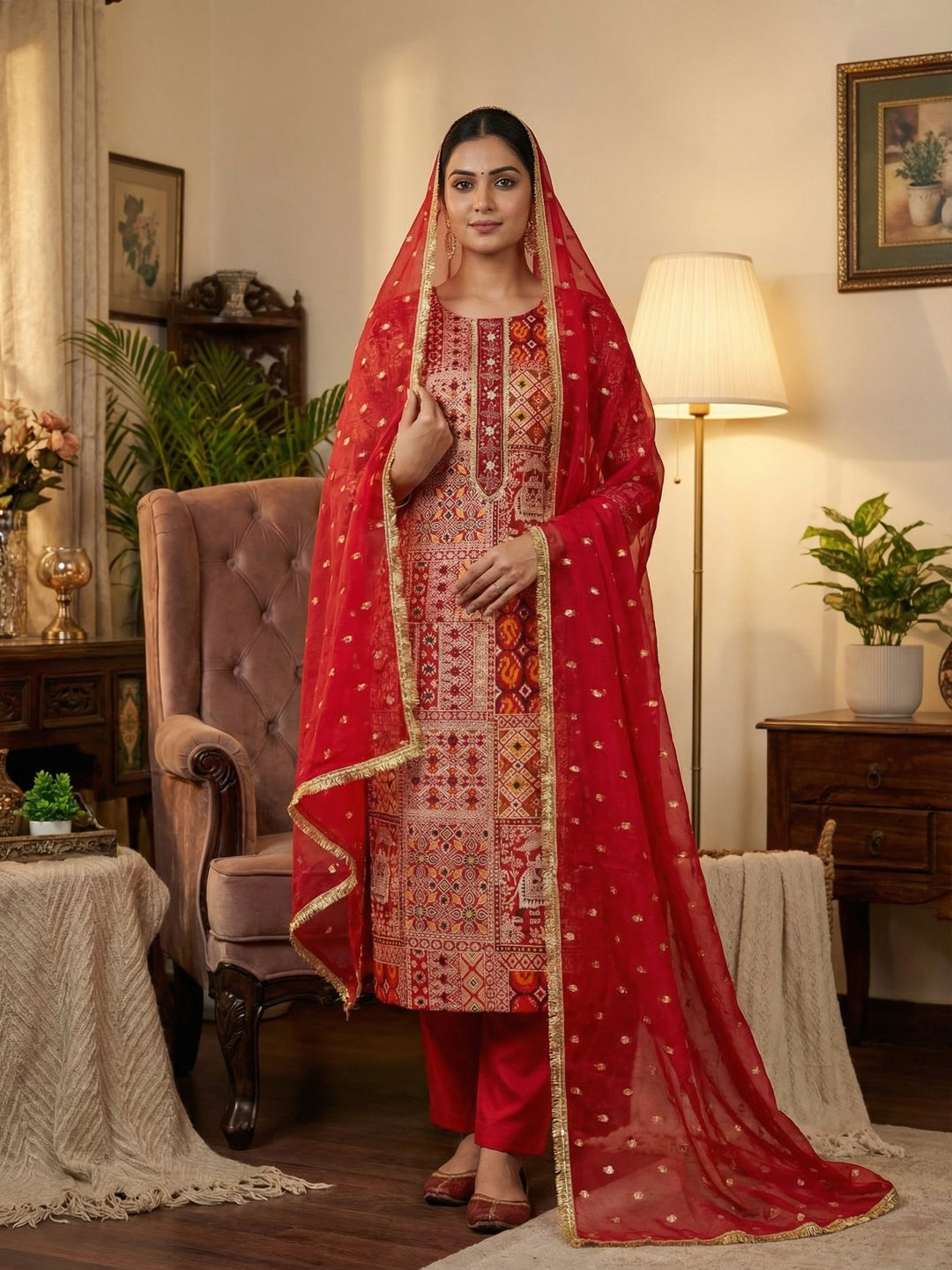 Luxurious Red Weaving Viscose Banarasi Dress Material Highlighted With Beads & Moti Handwork - Image 1