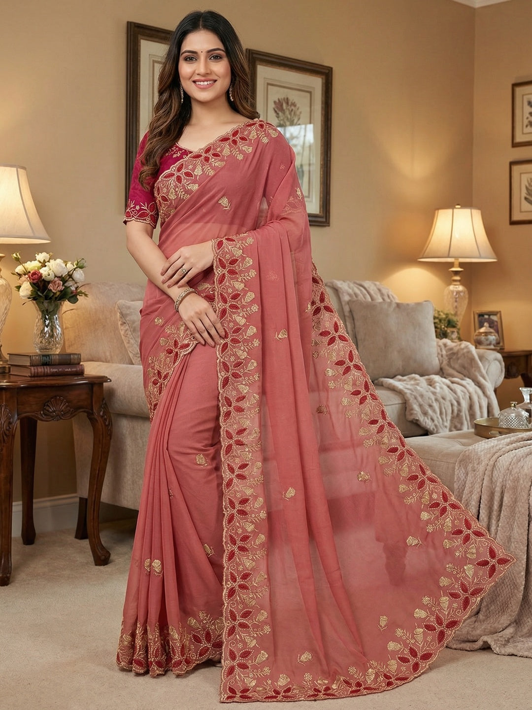Vibrant Peach Georgette Saree Adorned With Elegant Floral Embroidery Work - Image 1