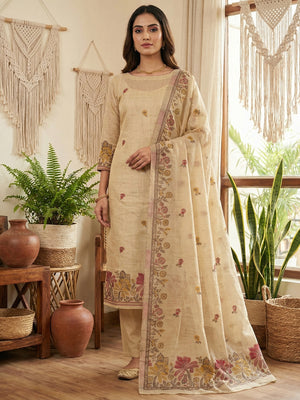Elegant Beige Chanderi Silk Jamdani Unstitched Dress Material - Image 1