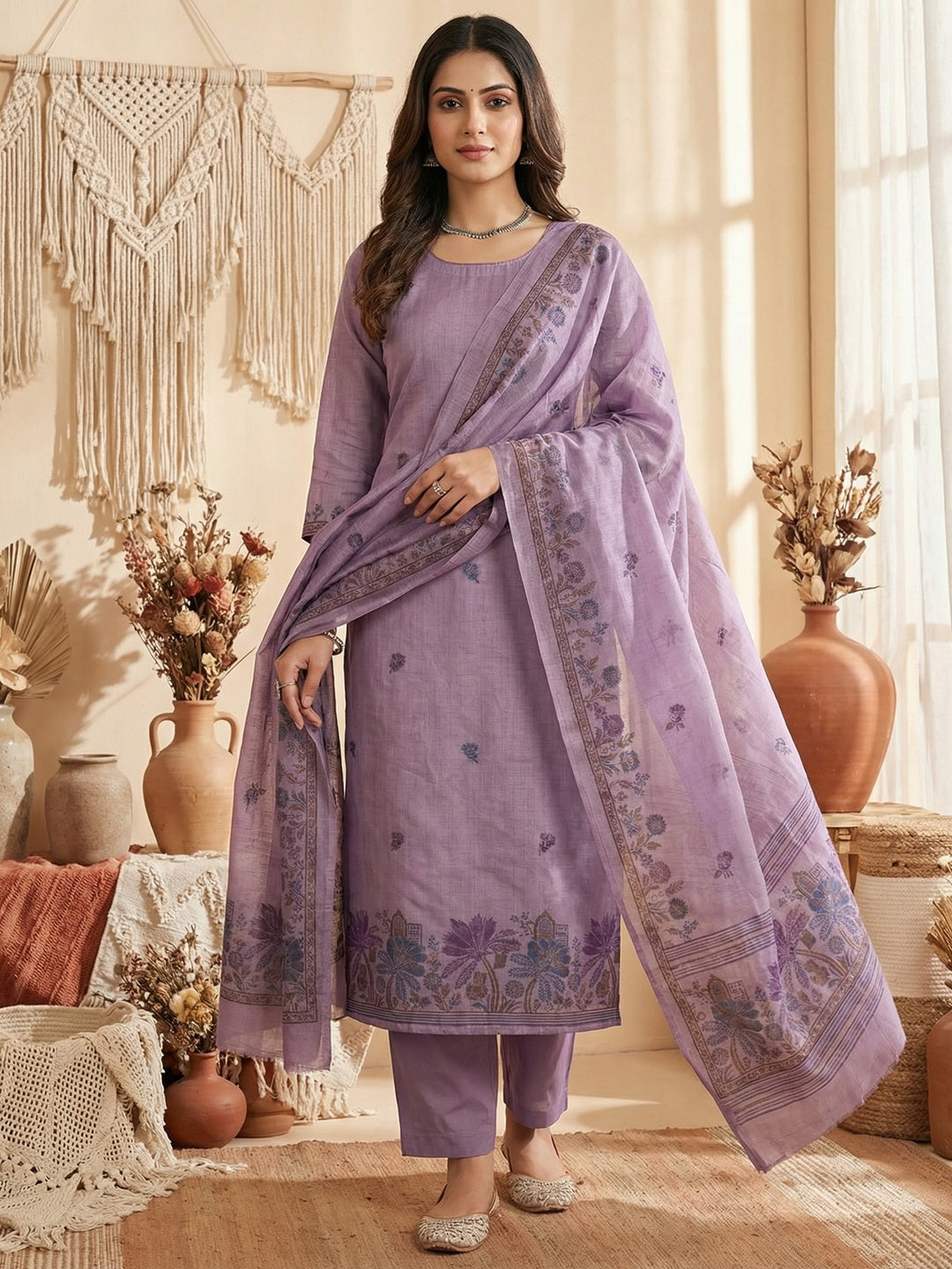 Elegant Purple Chanderi Silk Jamdani Unstitched Dress Material - Image 1