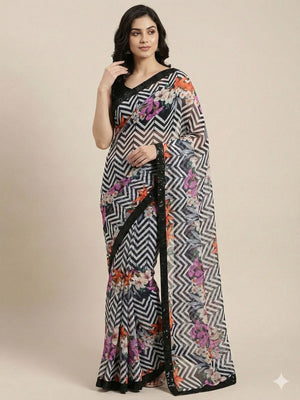 Timeless Black & White Georgette Saree Featuring a Zig-Zag Pattern and Sequin Border - Image 1