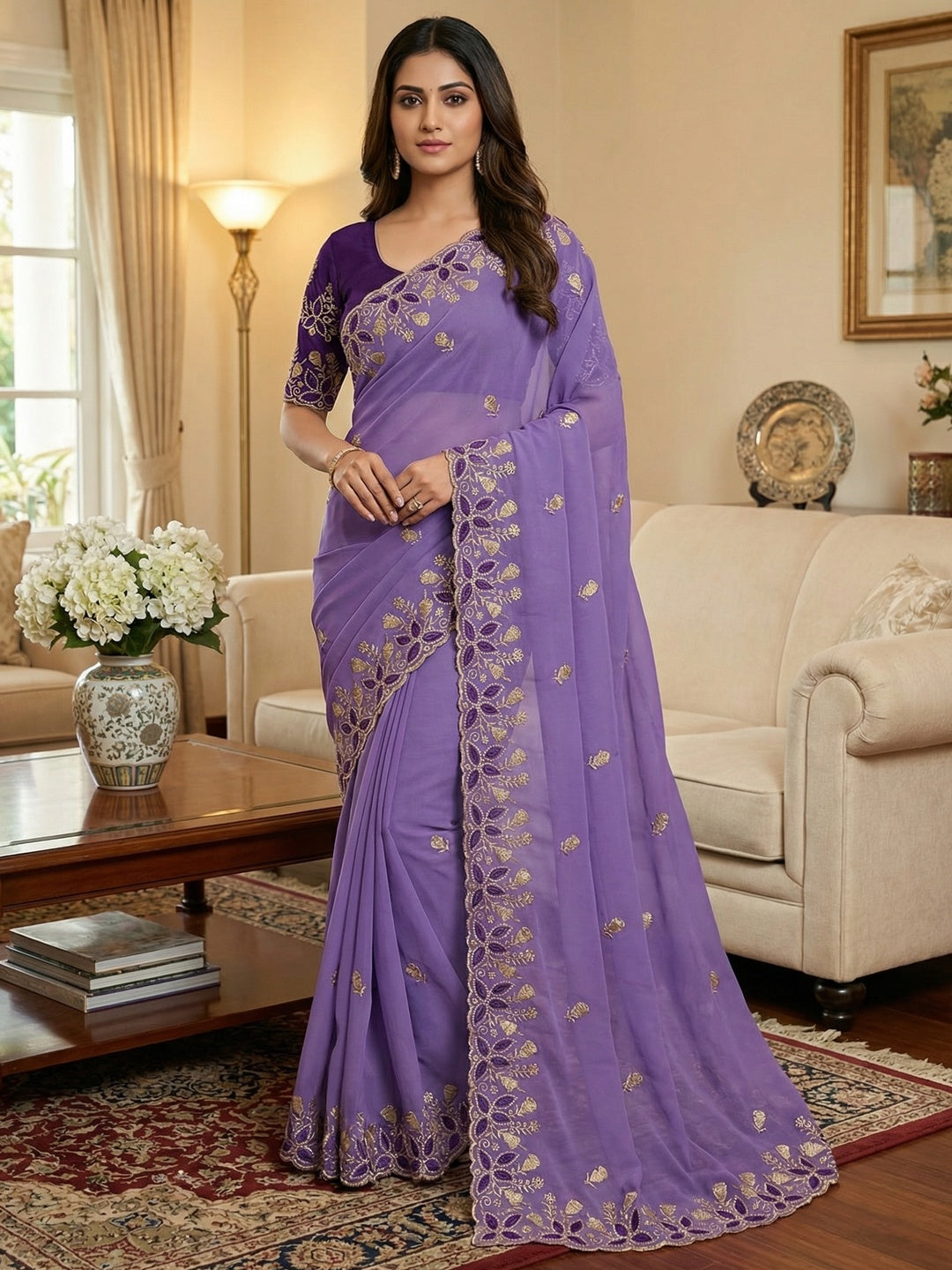 Vibrant Lavender Georgette Saree Adorned With Elegant Floral Embroidery Work - Image 1
