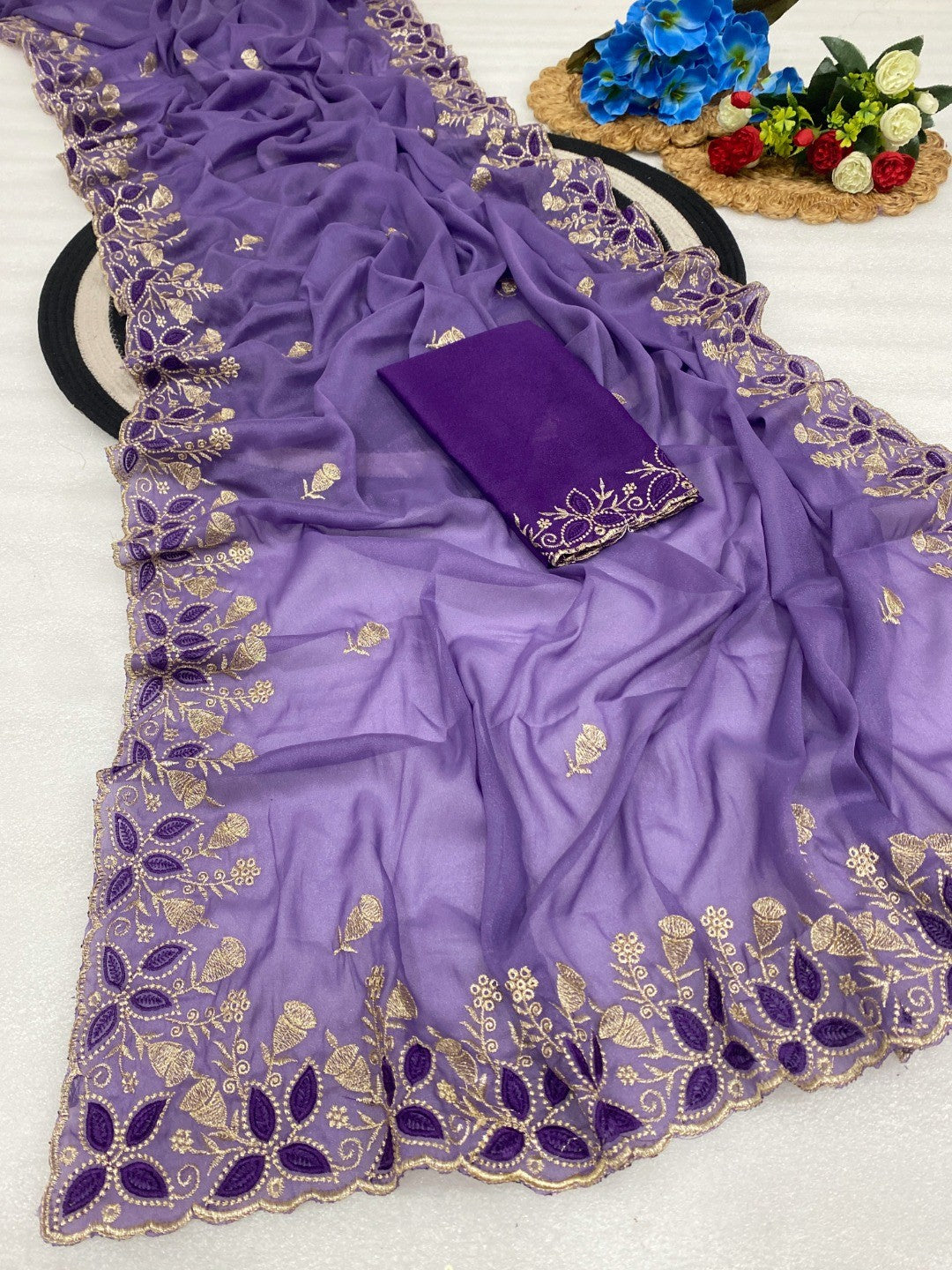 Vibrant Lavender Georgette Saree Adorned With Elegant Floral Embroidery Work - Image 2