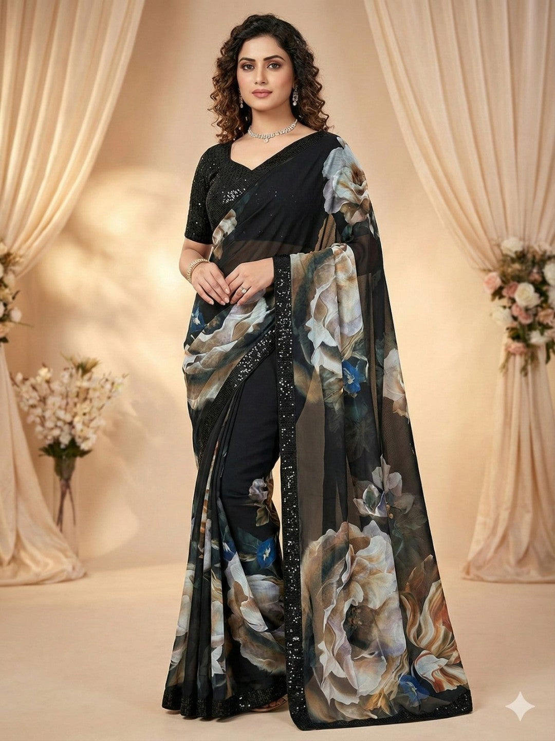 Black Georgette Saree Adorned with Floral Designs and a Refined Sequin Border - Image 1