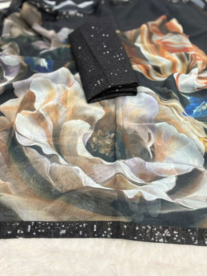 Black Georgette Saree Adorned with Floral Designs and a Refined Sequin Border - Image 2