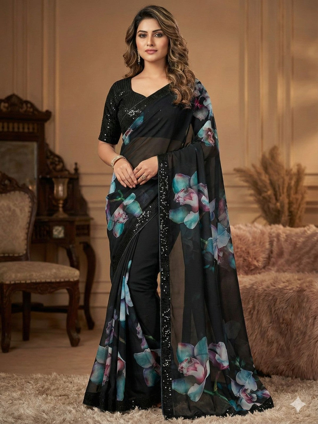 Classic Black Georgette Saree Adorned with Floral Designs and a Refined Sequin Border - Image 1