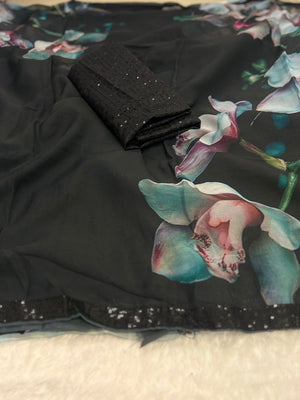 Classic Black Georgette Saree Adorned with Floral Designs and a Refined Sequin Border - Image 2