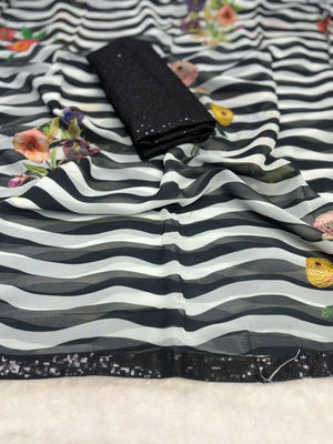 Black Georgette Saree Featuring Delicate Striped Patterns and a Sequin Embellished Border - Image 2
