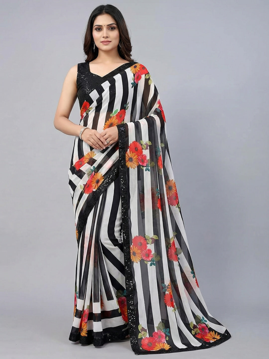 Black Georgette Saree Adorned with Striped Pattern and a Refined Sequin Border - Image 1