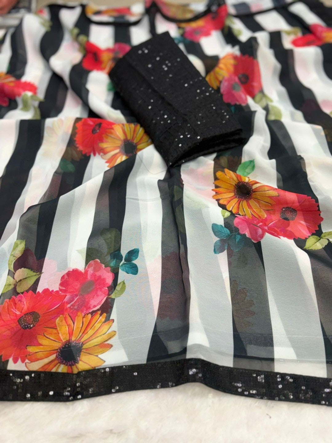 Black Georgette Saree Adorned with Striped Pattern and a Refined Sequin Border - Image 2